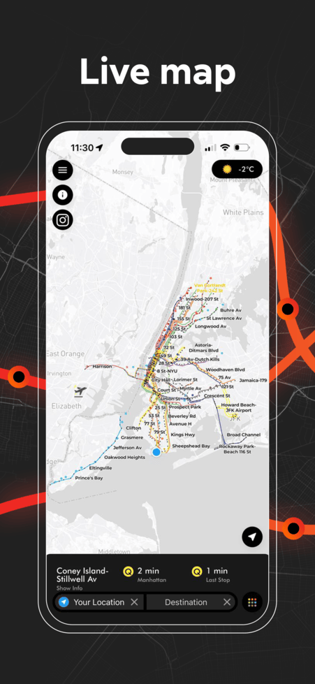 Live NYC subway map showing real-time train positions and routes across New York City