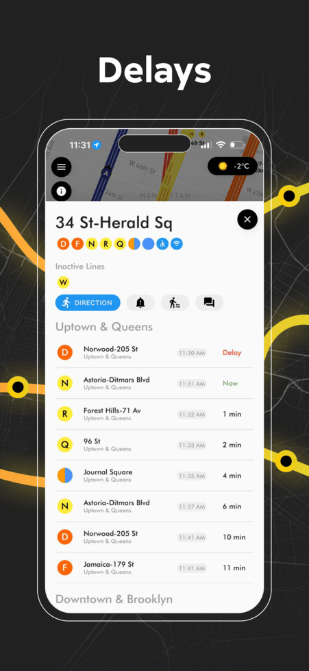 NYC subway station delay board showing upcoming trains, wait times, and service status