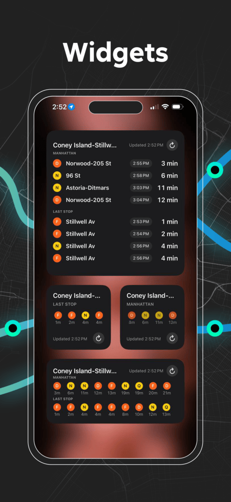 iOS home screen widgets showing upcoming NYC subway arrivals and last stop information