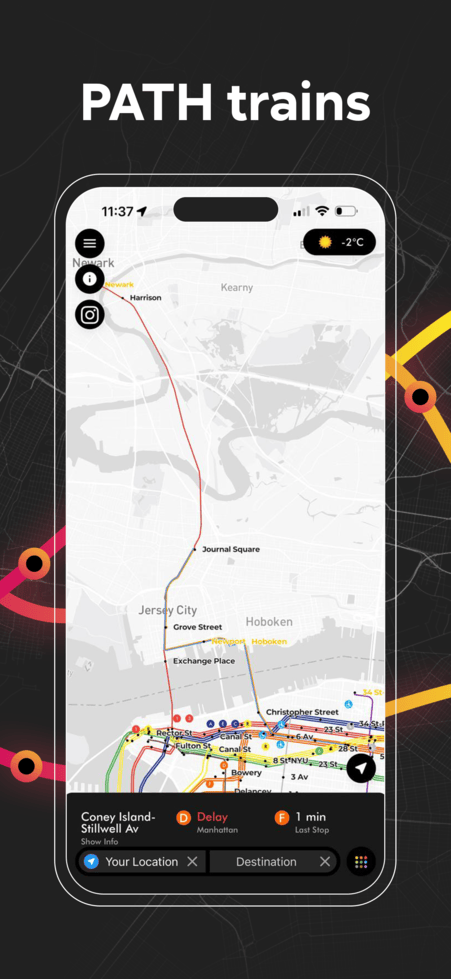 PATH train map connecting New York City and New Jersey with live route visualization