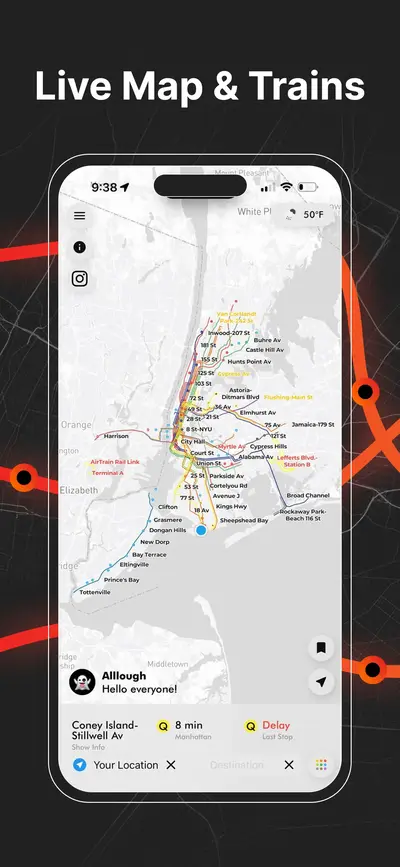 Live NYC subway map showing real-time train positions and routes across New York City