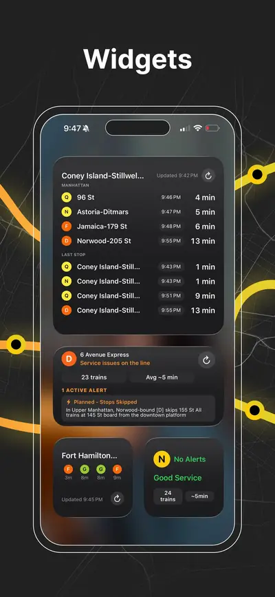NYC subway station delay board showing upcoming trains, wait times, and service status