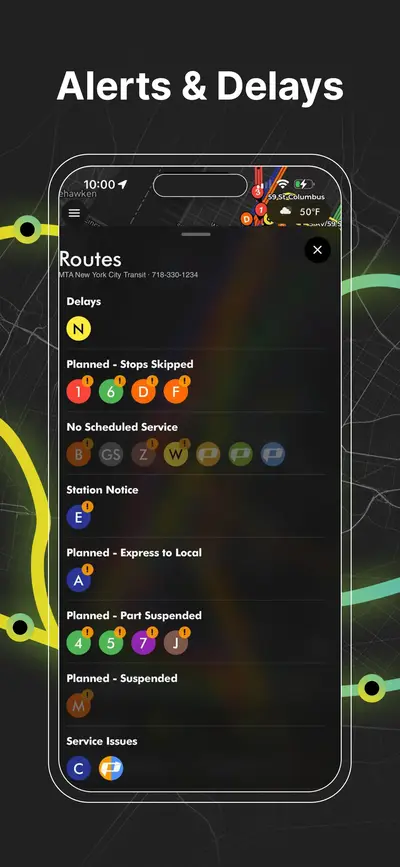 Real-time NYC subway map displaying live moving trains and active routes