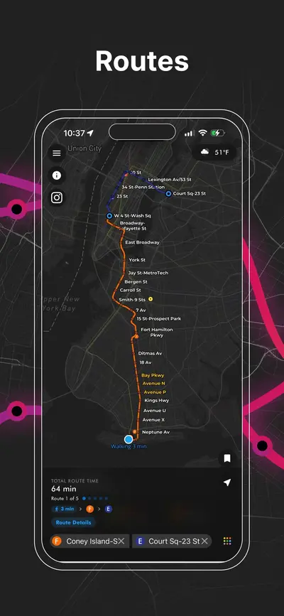 NYC subway service alerts screen showing delays, reroutes, and planned service changes