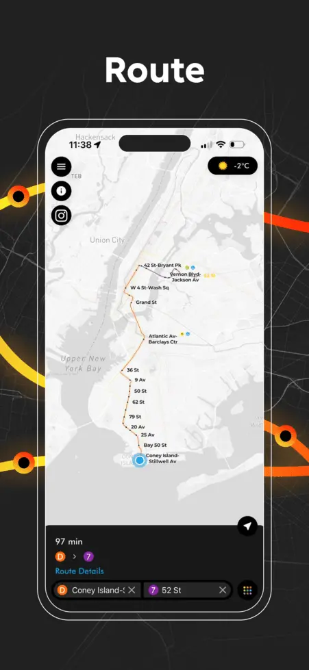 NYC subway route planner showing travel path