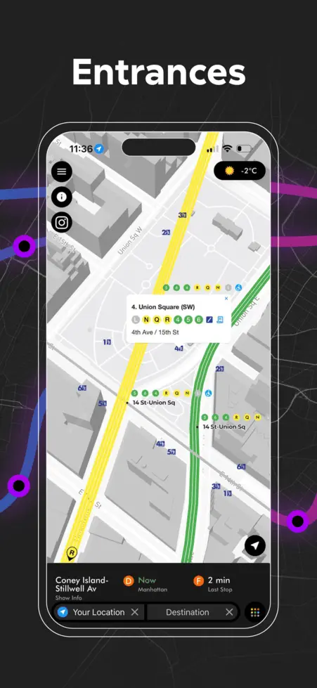 NYC subway station entrances map with line connections and exit locations