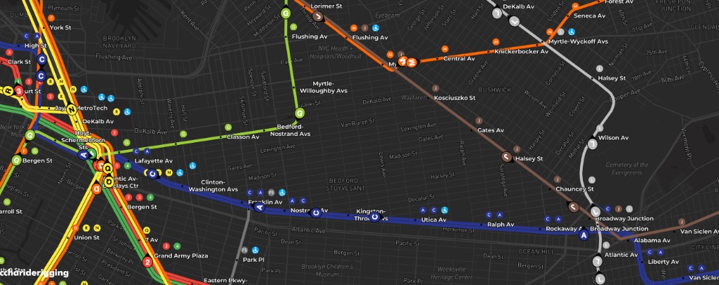 AP Transit live map zoomed to Brooklyn subway lines and stations