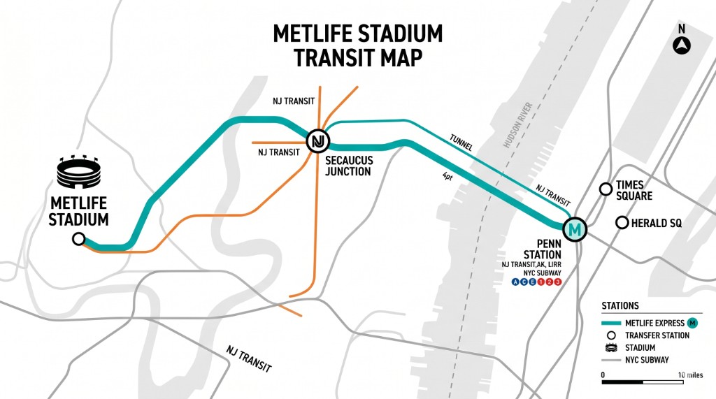 MetLife Stadium transit map: Penn Station, Secaucus Junction, and stadium on one schematic line